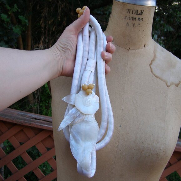 UNIQUE One of a kind Satin Rolled Belt/Necklace Mother of Pearl Leaf Buckle Bead